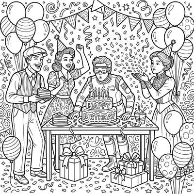 Join an extraordinary birthday celebration with our 'Time Refugees' coloring page, featuring characters from diverse historical periods uniting for joy. This unique design is packed with festive details, ready for your imaginative coloring adventure.