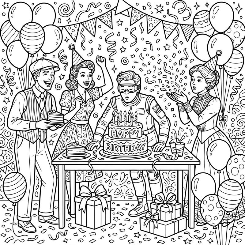 Join an extraordinary birthday celebration with our 'Time Refugees' coloring page, featuring characters from diverse historical periods uniting for joy. This unique design is packed with festive details, ready for your imaginative coloring adventure.