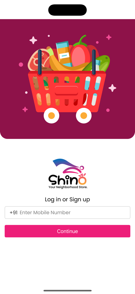 Shino - Shop Local. Fast. - Shino app login screen showing a colorful grocery basket illustration and mobile number authentication field