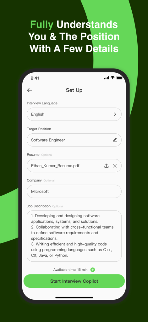 JobJump: Job Interview Copilot - JobJump app setup screen showing target position and resume upload fields for AI interview assistance