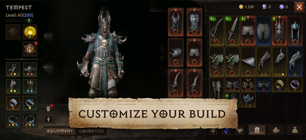 Diablo Immortal character customization screen showing equipment and gear for the Tempest class