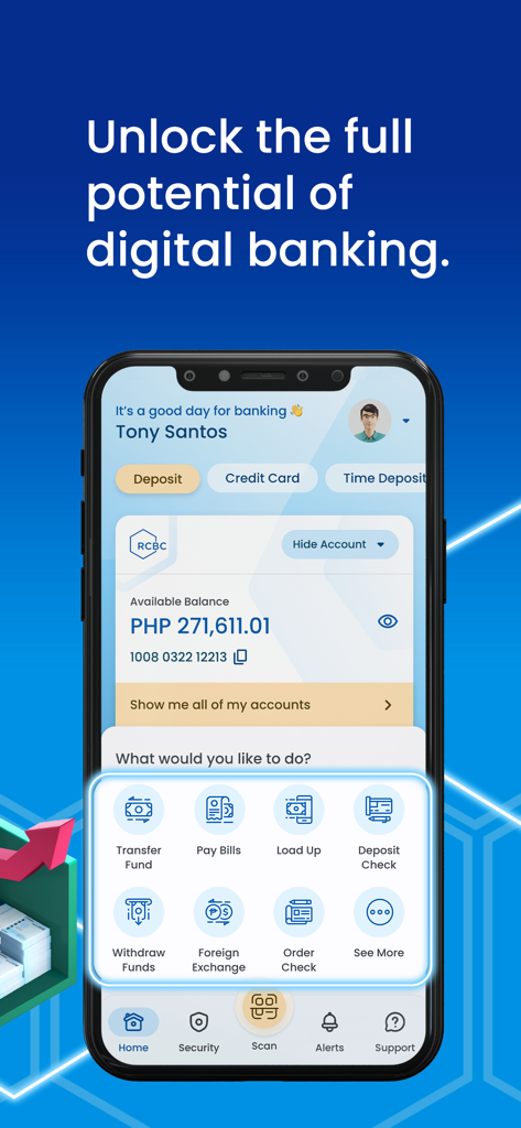 RCBC Pulz mobile app dashboard showing available balance and digital banking services like fund transfers and bill payments