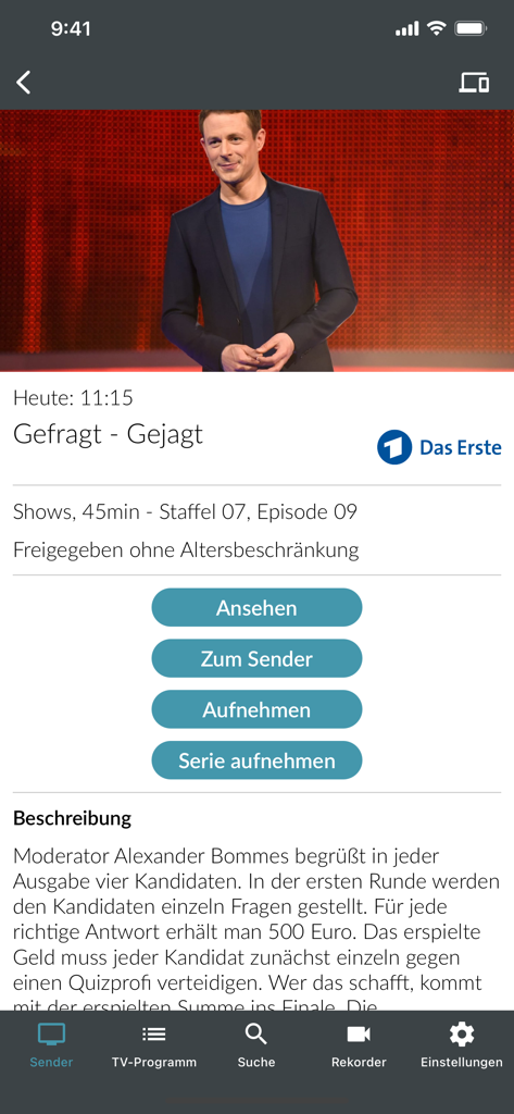 Eltrona TV+ - Interfaz de la aplicación móvil Eltrona TV plus mostrando detalles de un programa de televisión alemán con opciones para ver y grabar
