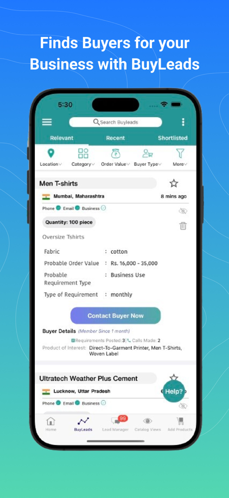IndiaMART app interface showing BuyLeads for sellers to connect with potential buyers.
