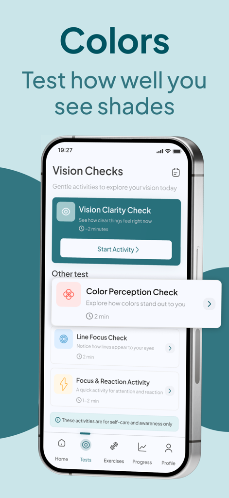 Eye Test & Vision Checker - Pantalla de la aplicación Eye Test con pruebas de percepción del color y claridad visual