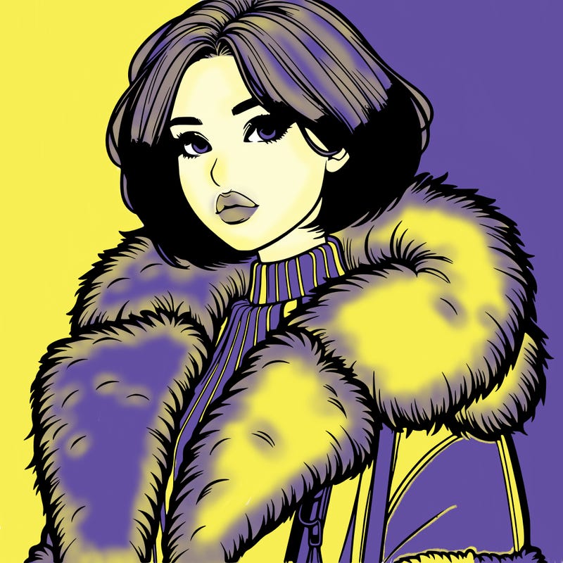 realistic woman with a short bob cut wearing a winter fury coat
