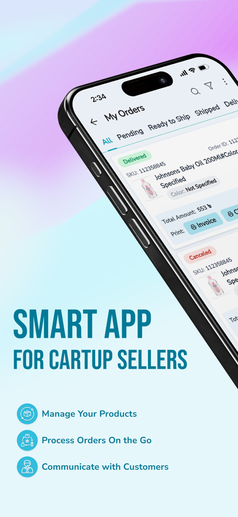 Cartup Seller Center - Smartphone screen showing the Cartup Seller Center app with order management features for e-commerce sellers.