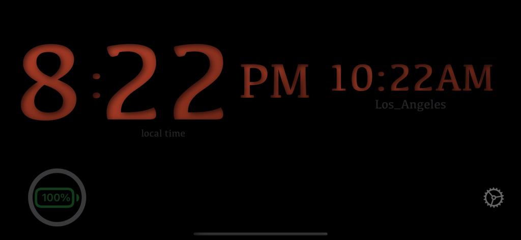 Always On Display - Interfaz de la aplicación Always On Display con un gran reloj local y una zona horaria secundaria para Los Ángeles con un anillo de porcentaje de batería en un fondo oscuro