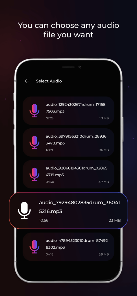 Oberfläche der Vocal Remover AI App zeigt eine Liste von Audiodateien zur Auswahl.