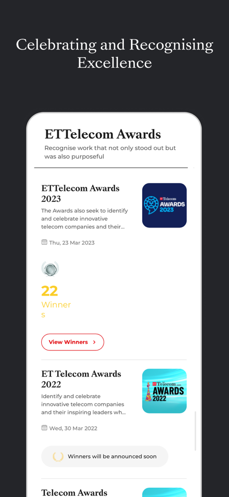 Pantalla de la aplicación ETTelecom que muestra la sección de premios de la industria para celebrar y reconocer la excelencia en telecomunicaciones.