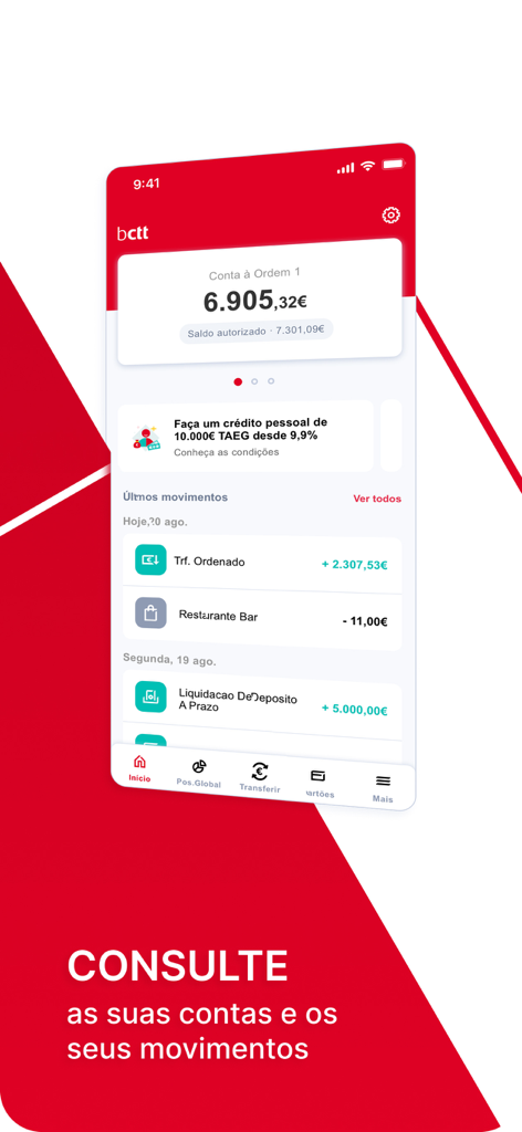 Pantalla de la aplicación de banca móvil de Banco CTT que muestra el saldo de la cuenta y los movimientos recientes