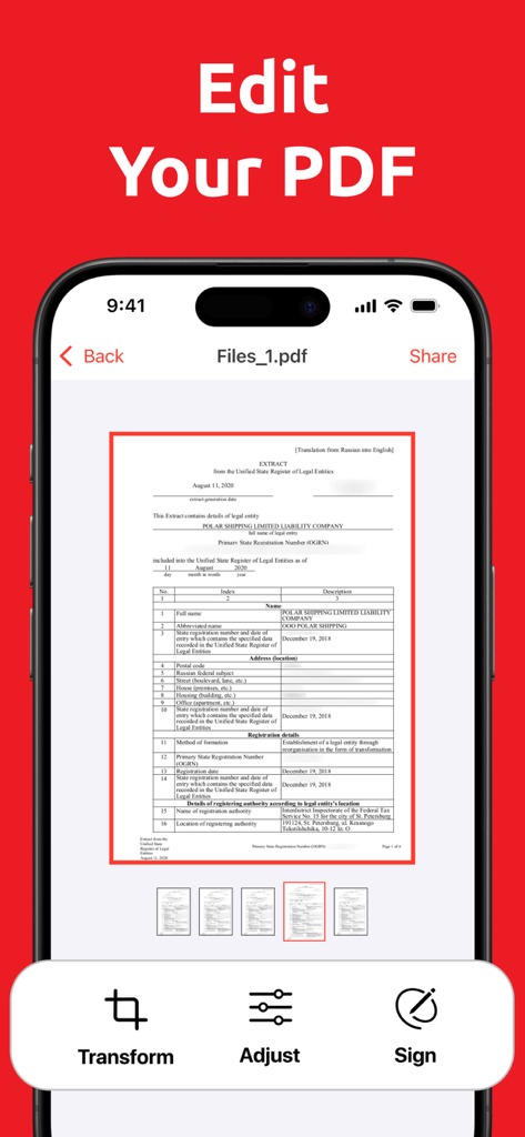 PDF Converter.ㅤ - Mobile app interface of PDF Converter displaying a document with options to transform, adjust, and sign