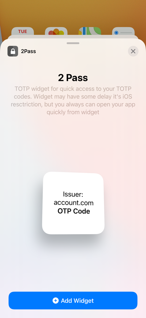 2FA: TOTP authenticator - Interfaz para agregar un widget de autenticador 2Pass TOTP a la pantalla de inicio de un iPhone