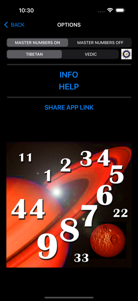 Settings screen of the Numerology app showing choices for Tibetan or Vedic systems and Master Numbers toggles over a cosmic planet background.