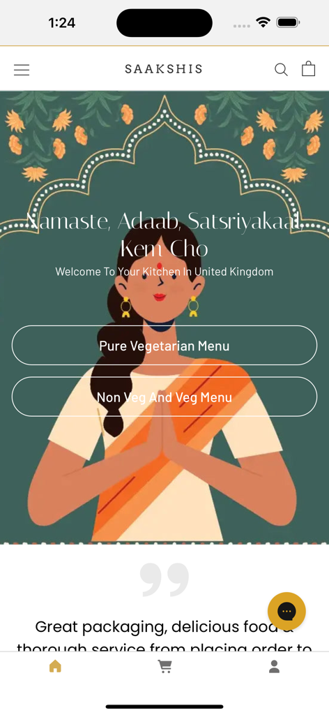 Saakshis - Saakshis app home screen featuring vegetarian and non-vegetarian Indian meal options and a welcoming greeting