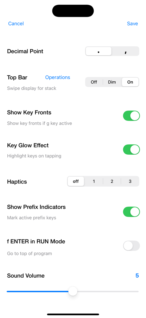 Settings screen of the RPN-32 CE scientific calculator app showing options for haptics, sound volume, and visual display preferences.