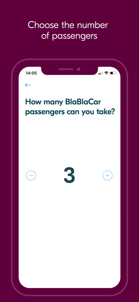 A mobile screen from the BlaBlaCar app where users can choose the number of passengers they can take