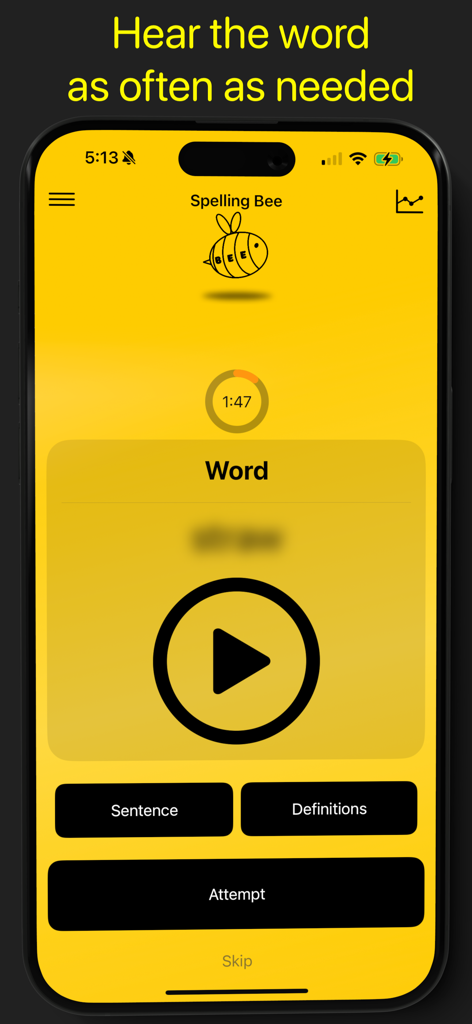 Spelling Bee App: Today's Game - Spelling Bee app interface showing the word practice screen with a large play button to hear words and options for definitions and sentences.