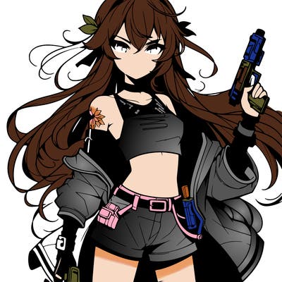 bad girl wearing crop top holding a gun long hair anime