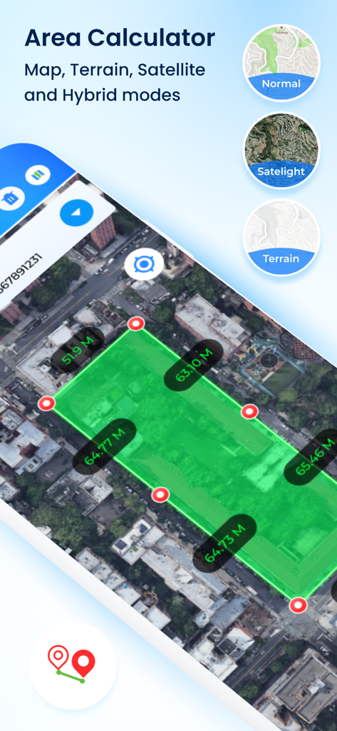 Fields Area Measurement app displaying an area calculation on a satellite map with options for normal satellite and terrain views