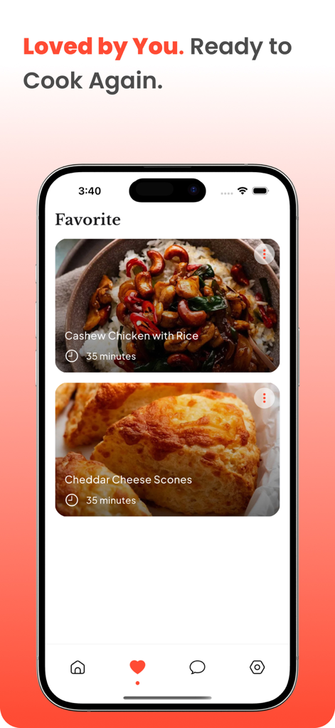 ScanChef: Snap & Cook With AI - Favorite recipes list in the ScanChef app showing Cashew Chicken and Cheddar Cheese Scones.