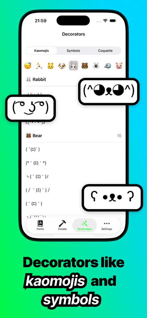 Fontify - Fonts for iPhones - A smartphone screen displaying various kaomojis and text symbols under the Decorators section of the Fontify app.
