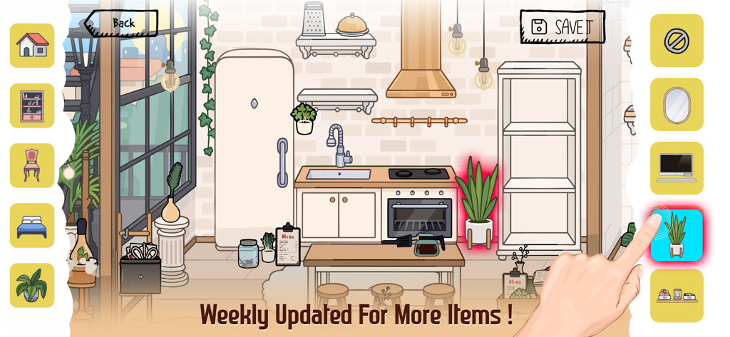 Interfaz de diseño de interiores de cocina virtual con opciones de muebles y decoración de plantas