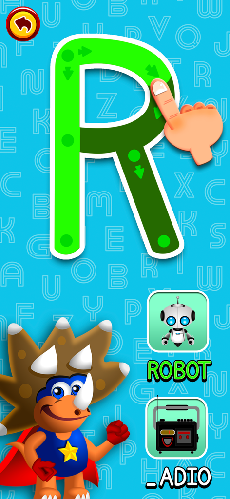 Kids Reading Games: ABC Dinos - Traçando a letra maiúscula R no aplicativo de aprendizado ABC Dinos para crianças