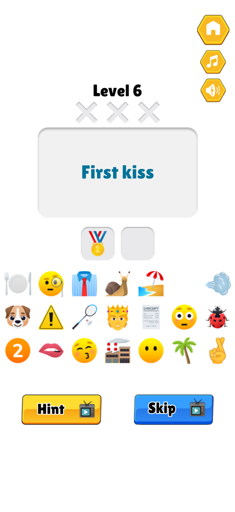 Guess the Emojis - Memes Quiz - 最初のキスというフレーズのパズル、様々な絵文字の選択肢が表示されている絵文字当てクイズのゲームプレイ画面。