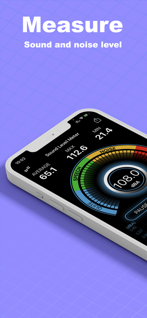 Sound Meter (Decibel) - Smartphone mostrando una aplicación de sonómetro digital con un medidor circular de decibelios y datos de medición.