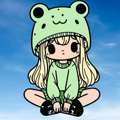 a girl wearing a frog hat and some frog socks