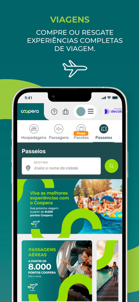 Screenshot of the Coopera app travel section showing options to redeem points for flights, hotels, and tours.