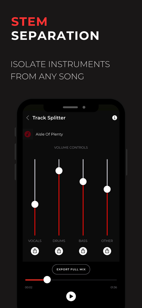 Función Divisor de Pistas en la aplicación Backtrackit para aislamiento de instrumentos