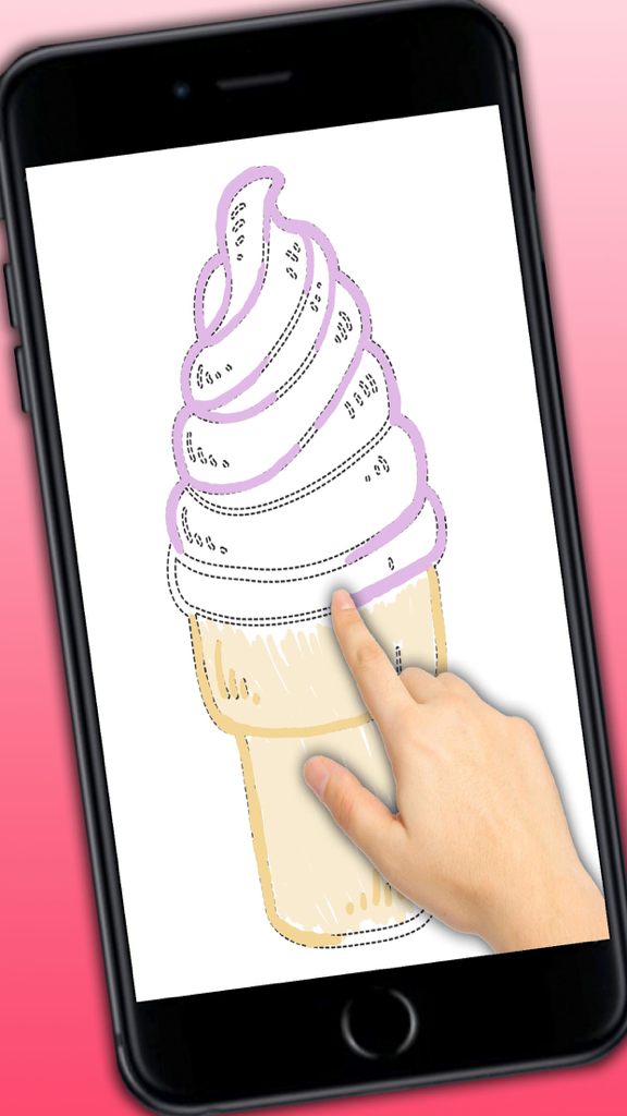 Educational Coloring book - Connect the dots then paint the drawings with magic marker - Niño trazando y coloreando el dibujo de un cono de helado en un smartphone