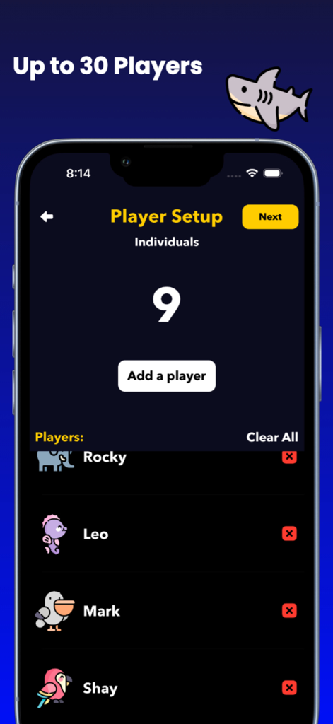 The Great Debate - Tela de configuração de jogadores do aplicativo O Grande Debate mostrando uma lista de jogadores com ícones de animais e nomes