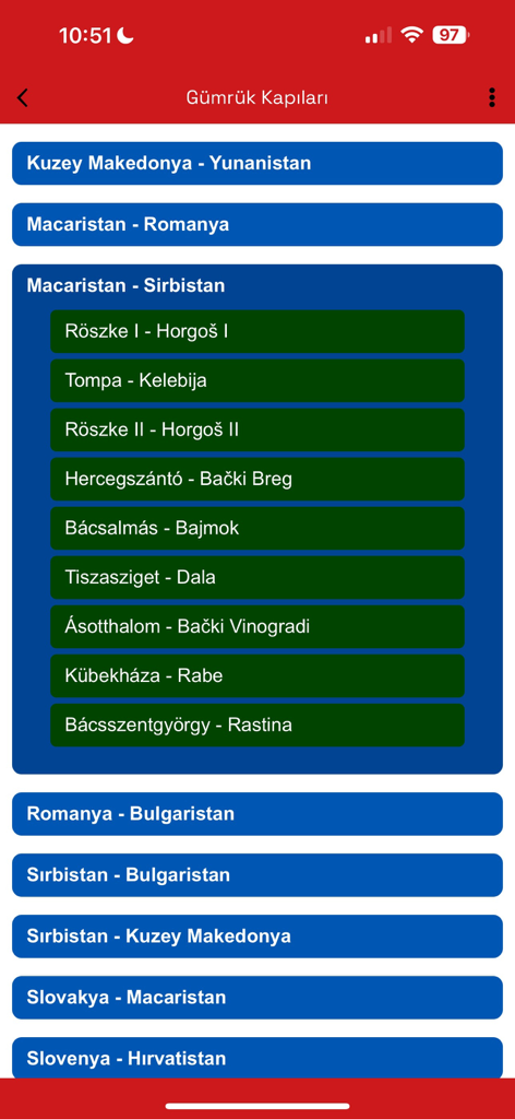 Sıla Yolu Sevenler - Une liste des postes frontières internationaux entre les pays européens dans l'application Sila Yolu Sevenler.
