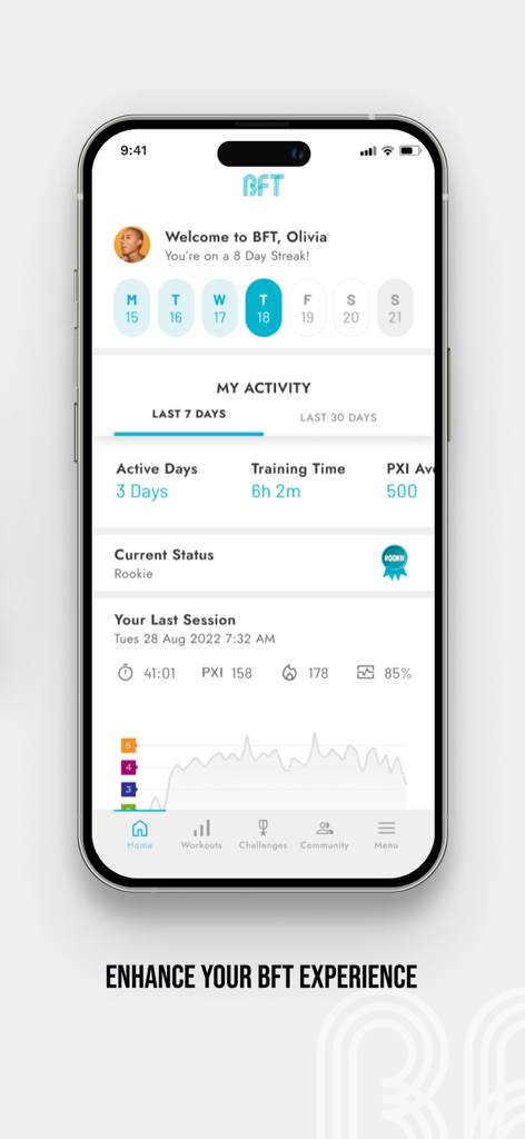 BFT Performance - BFT Performance app home screen showing workout activity and training streak