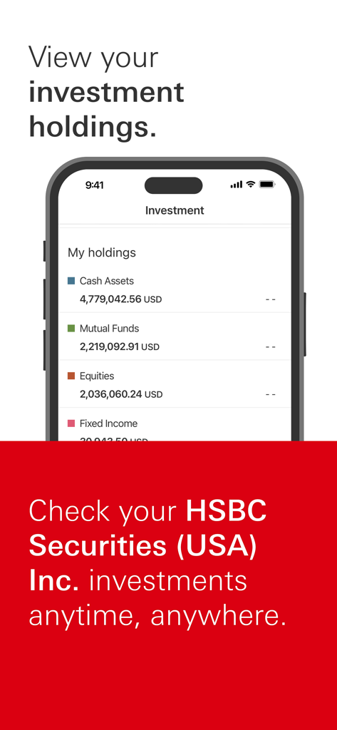 HSBC US - A smartphone showing the investment holdings screen of the HSBC US mobile banking app with asset categories like cash mutual funds and equities