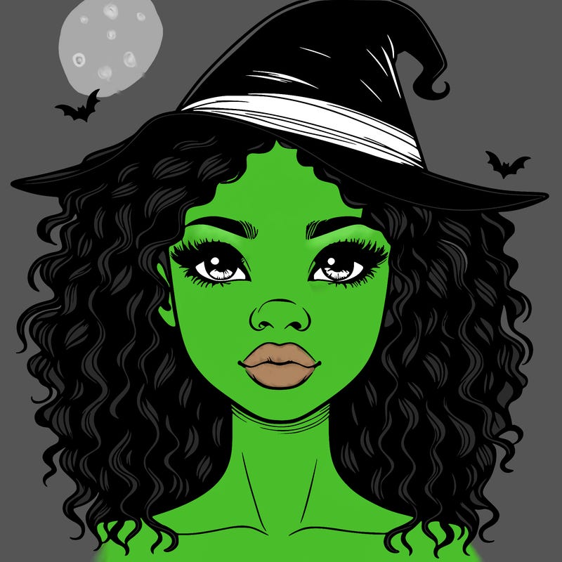 realistic black girl with wavy hair and witch hat and nose and lips