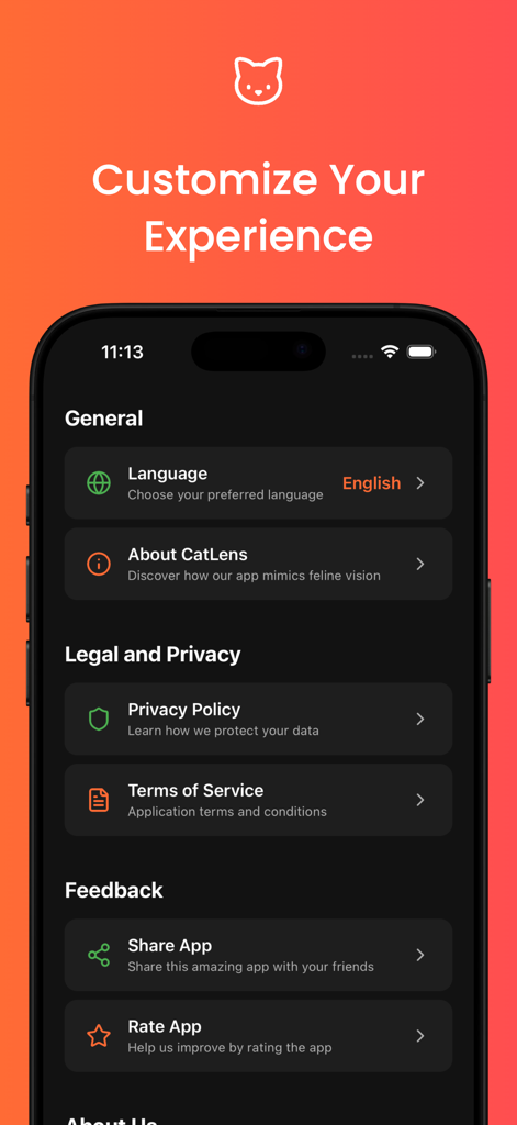 The settings menu screen of the CatLens app featuring options for language privacy policy and app sharing