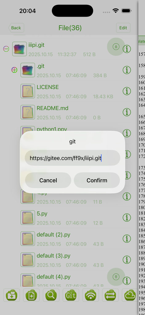 File manager in Python3 IDE Fresh Edition showing a Git repository URL input dialog