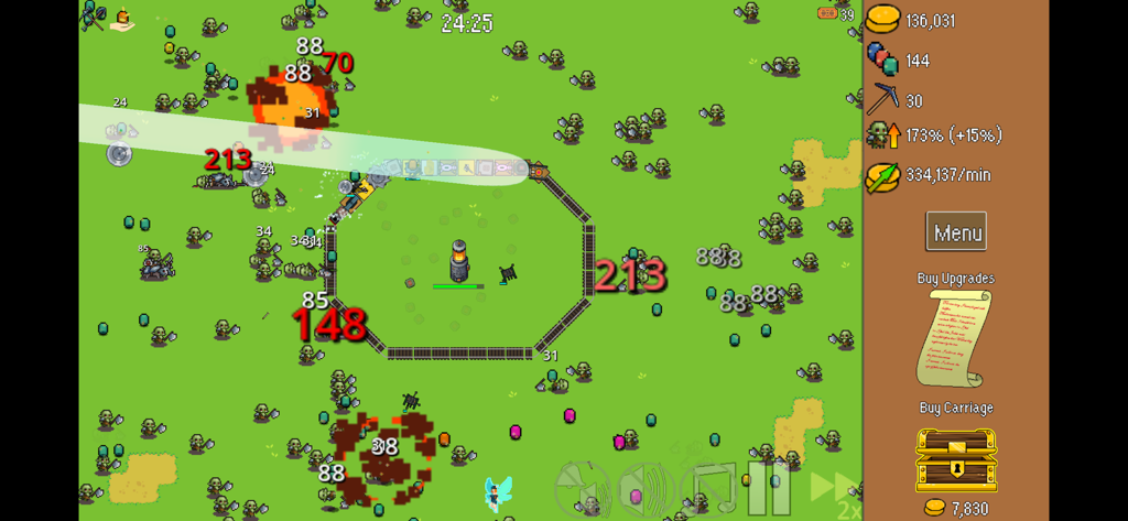 All Aboard! Defense Express - Gameplay screenshot showing a train fighting off an orc horde