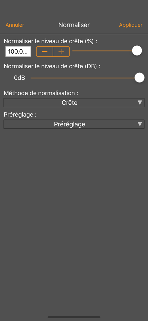 WavePad – Éditeur audio - El menú de configuración de normalización de audio en la aplicación WavePad mostrando ajustes de nivel pico
