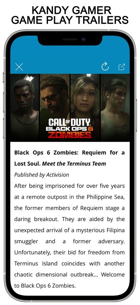 KANDY Magazine: Photo Stories - Screenshot of KANDY Magazine app featuring a gaming article on Call of Duty Black Ops 6 Zombies.
