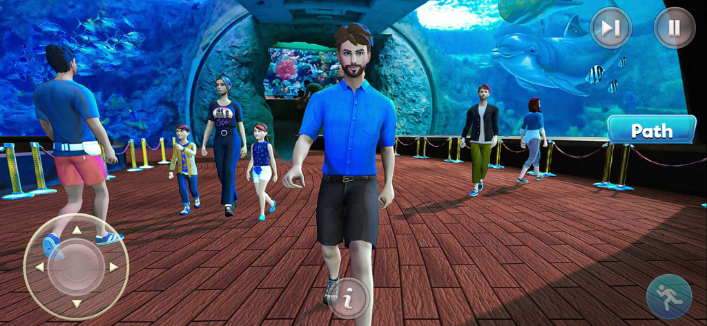 Zoo Keeper Simulator Tycoon 3D - Zookeeper character walking through an underwater aquarium tunnel with dolphins and visitors in a 3D simulation game