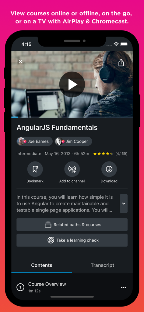 Pluralsight: Learn Tech Skills - Aplicación móvil Pluralsight mostrando detalles del curso de AngularJS con opciones de descarga sin conexión y comprobaciones de aprendizaje