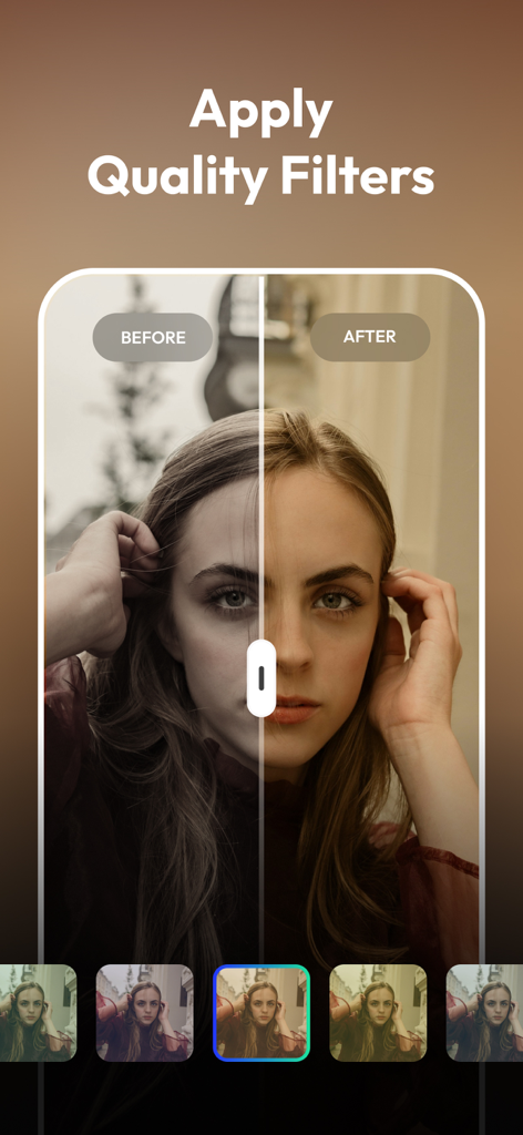 PixelUp: AI Photo Enhancer - Before and after comparison of a photo filter applied to a woman portrait in PixelUp app
