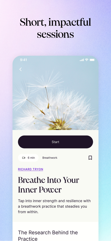 '내면의 힘으로 숨쉬기'라는 제목의 6분 호흡 운동 세션을 보여주는 Joy 101 앱 인터페이스
