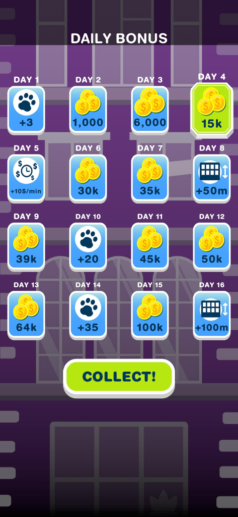 Save The Pets - Daily bonus rewards screen showing a grid of coins and paw print icons in Save The Pets mobile game