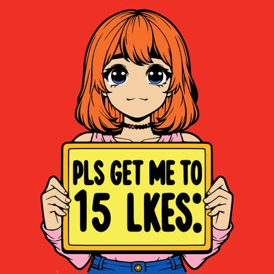 realistic girl holding up a sign that says “pls get me to 15 likes!”